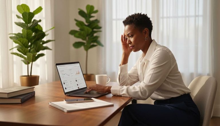 frustrated Black woman entrepreneur reviewing business performance on laptop