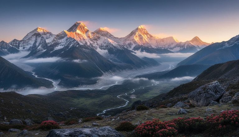 Himalayan mountains at sunrise during travel to Nepal