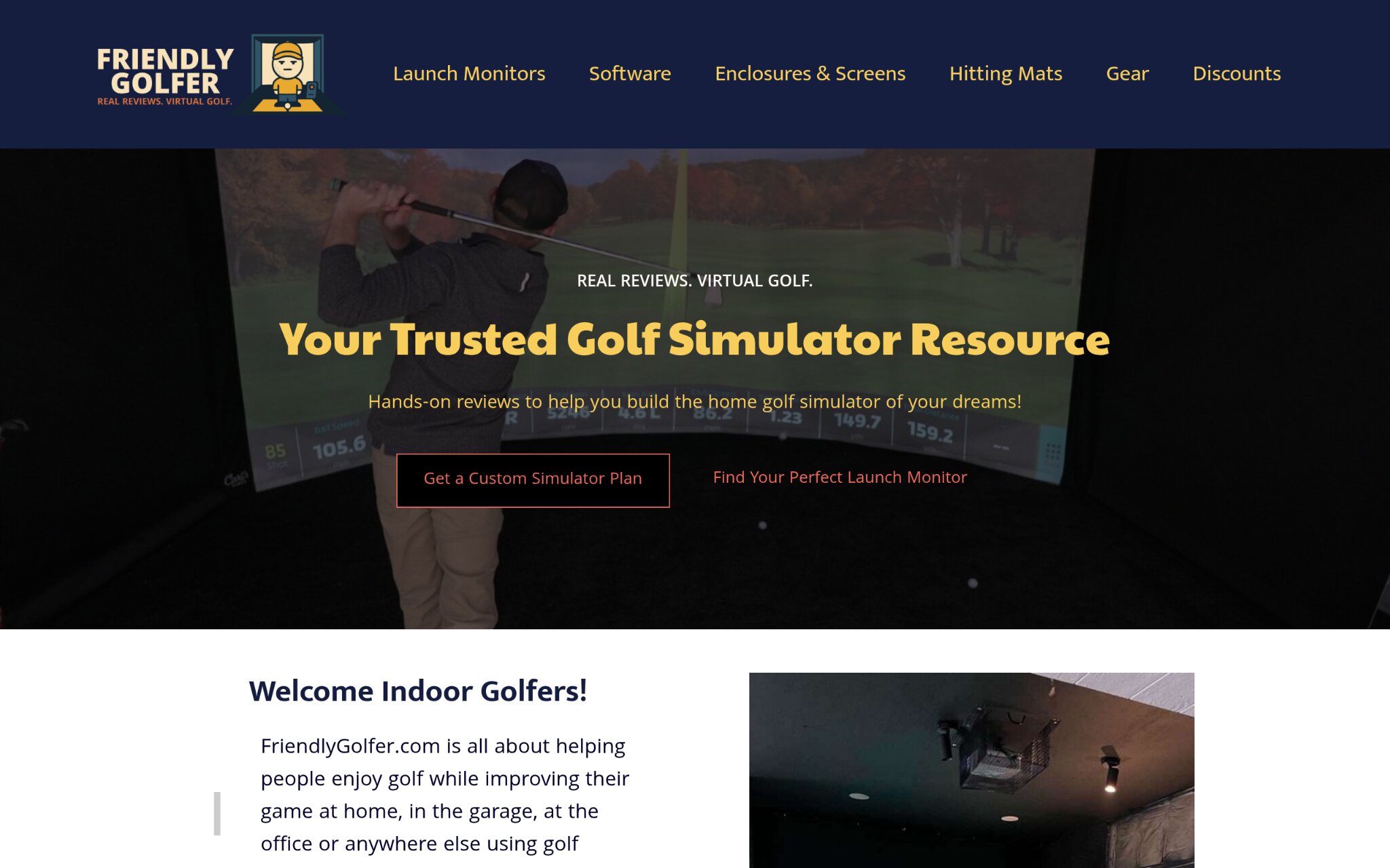 person using indoor golf simulator with screen display showing shot data and swing analysis