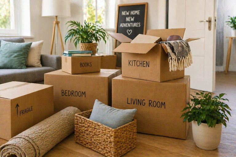 moving boxes neatly packed in living room for how to move house the lazy way