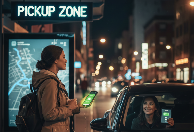 solo traveler verifying rideshare pickup on phone at night in a pickup zone
