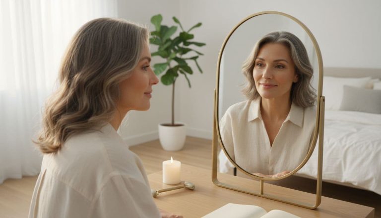 woman looking at herself in mirror considering cosmetic surgery decision