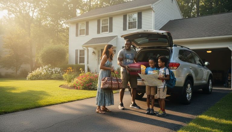 family preparing for road trip with kids loading car in driveway