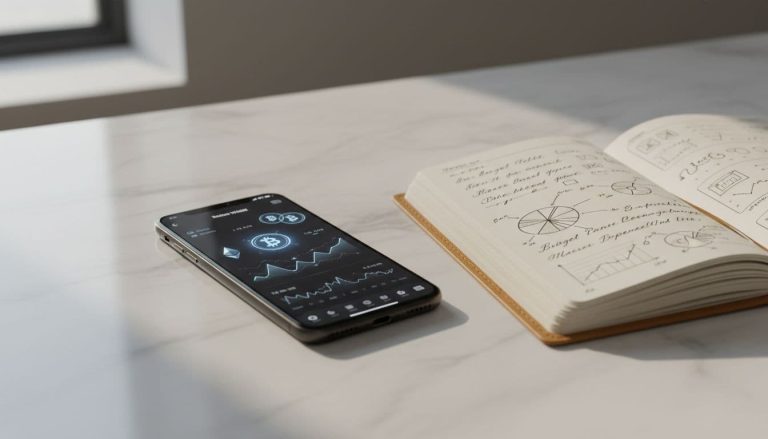 smartphone showing crypto wallet app next to notebook with budget notes