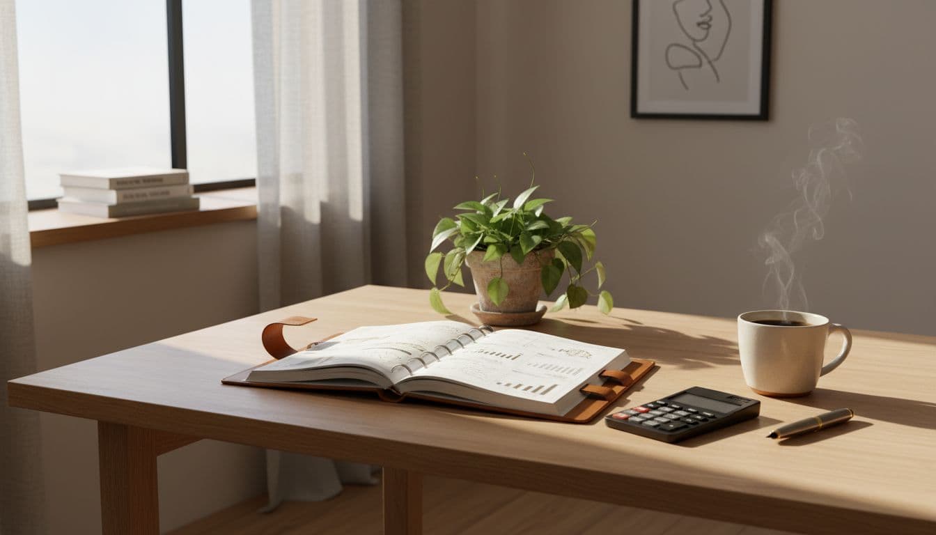 Planner, calculator, coffee, and plant on a desk representing budgeting and financial planning at home