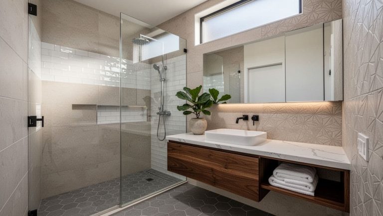 modern bathroom with neutral tiles glass shower and textured wall design