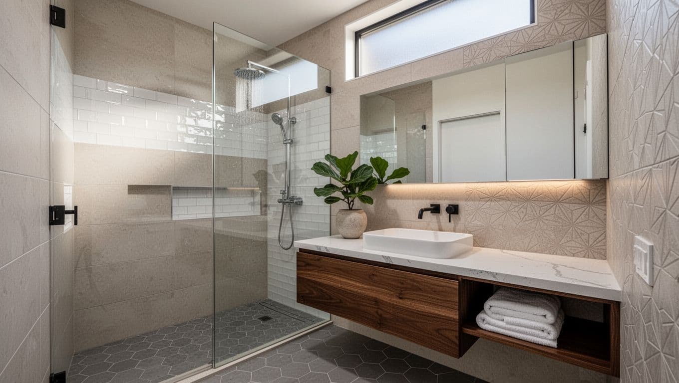modern bathroom with neutral tiles glass shower and textured wall design