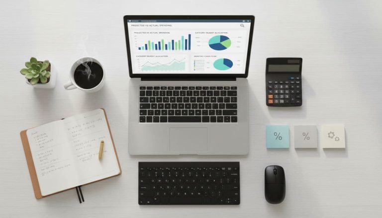 laptop with financial data, calculator, and notebook for IT cost management