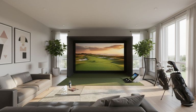 modern residential golf simulator setup in living room with projector screen, hitting mat, and golf clubs