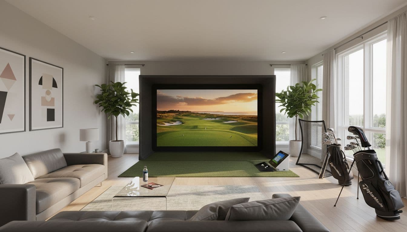 modern residential golf simulator setup in living room with projector screen, hitting mat, and golf clubs