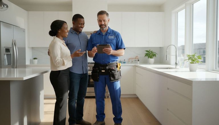 plumber discussing repair plan with homeowners in modern kitchen