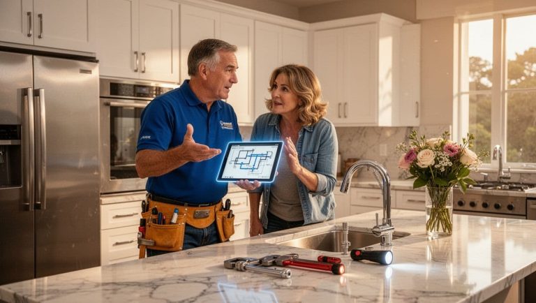 plumber explaining sink repair details to homeowner in modern kitchen