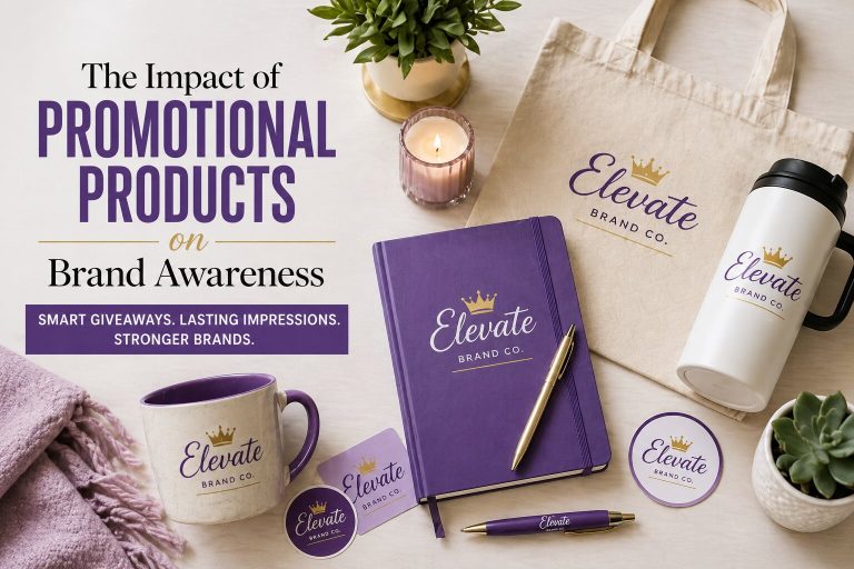 flat lay of branded promotional products including notebook mug tote bag and stickers on a clean workspace