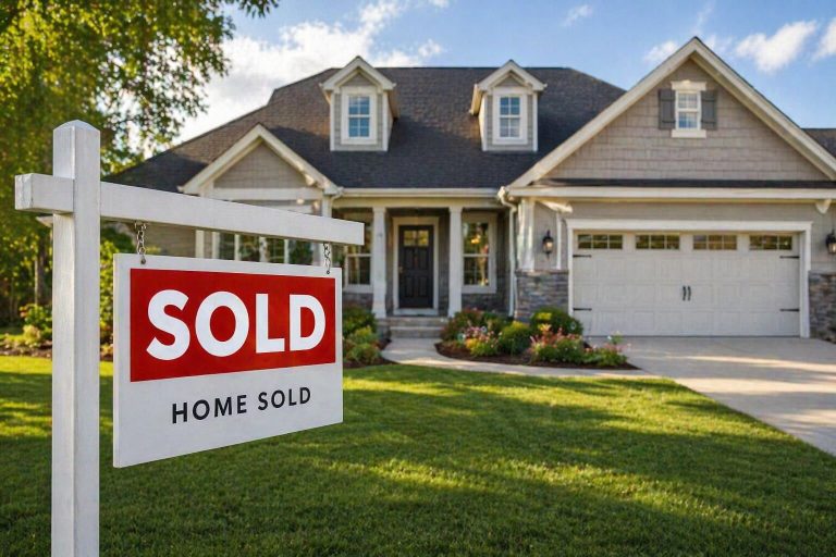 house with sold sign in front yard representing selling your house fast