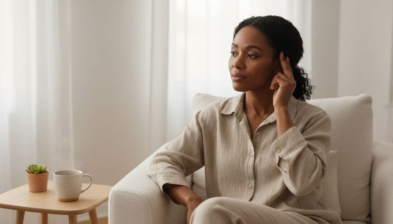 woman holding ear and listening carefully showing hearing loss symptoms