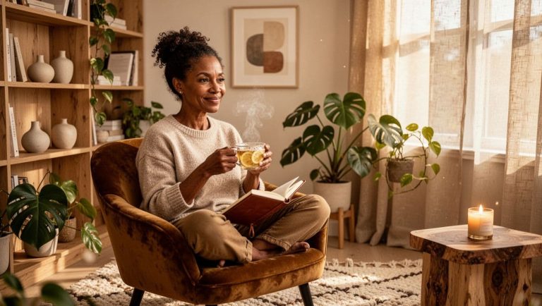 Black woman sitting in a cozy chair drinking tea and reading a book in a calm home setting