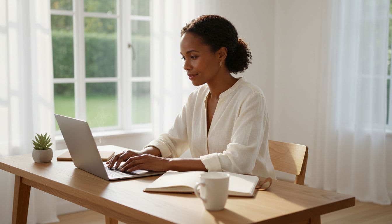 woman working on laptop using AI for bloggers to create content at home