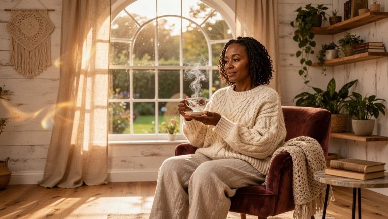 Black woman sitting by a window holding a cup of tea in a peaceful home setting with natural light