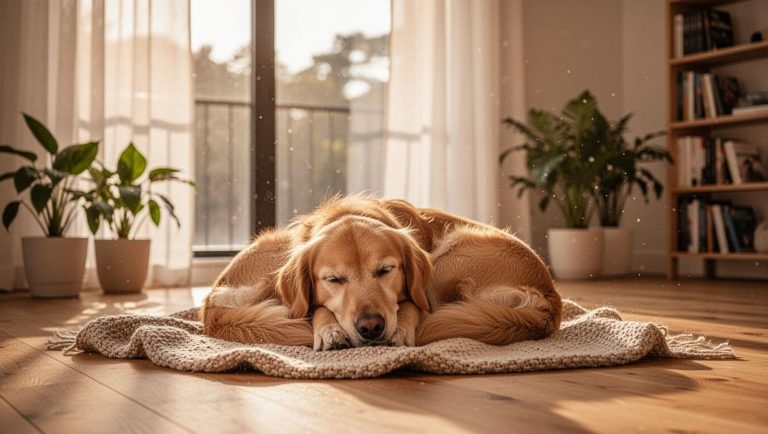 relaxed dog lying on blanket in warm sunlight near window