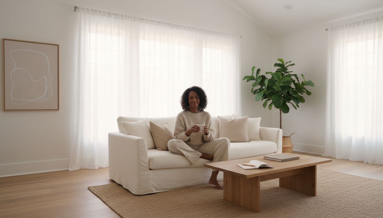 Black woman relaxing on couch in clean minimalist living room