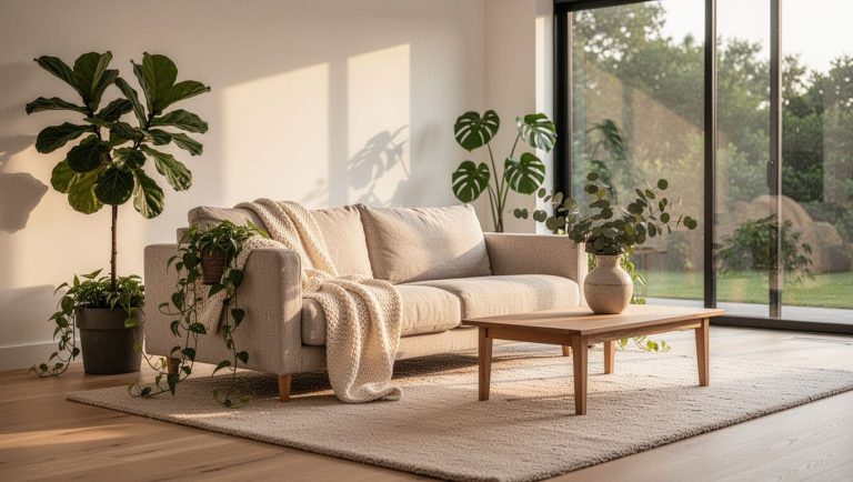 minimalist living room with plants and natural light for home wellness sanctuary