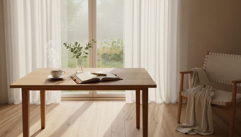 Minimalist home setup with a journal, coffee, and sunlight creating a peaceful environment for mental wellness