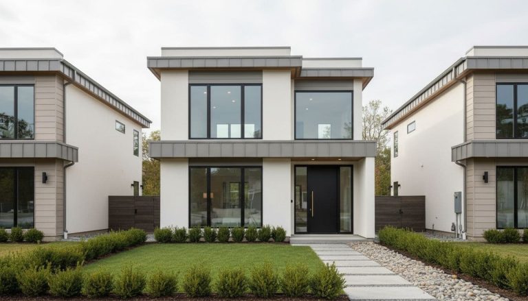 modern new build home exterior with clean lines and landscaped front yard