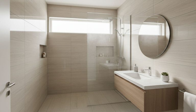 modern small bathroom with light tiles and glass shower design