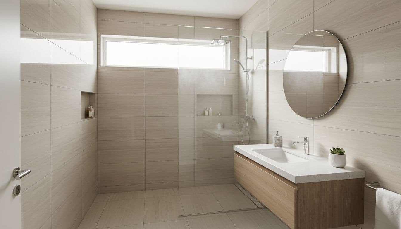 modern small bathroom with light tiles and glass shower design