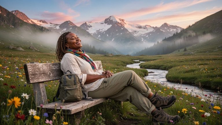 Woman relaxing on a bench outdoors surrounded by nature during peaceful travel moment