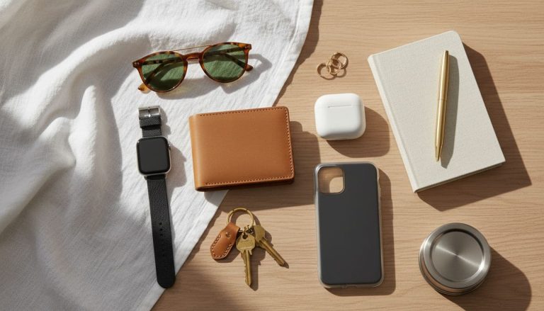 Everyday fashion accessories including handbag, sunglasses, and essentials styled in a clean, functional layout