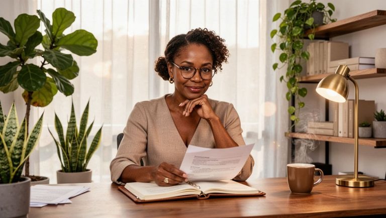 Black woman reviewing documents at home office for personal injury law for women