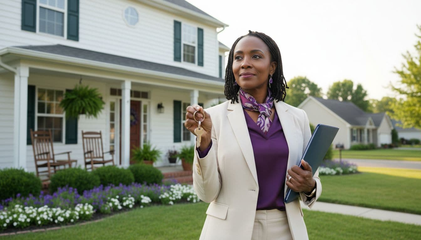 Black woman in her 40s holding house keys and standing in front of a suburban home after buying a house