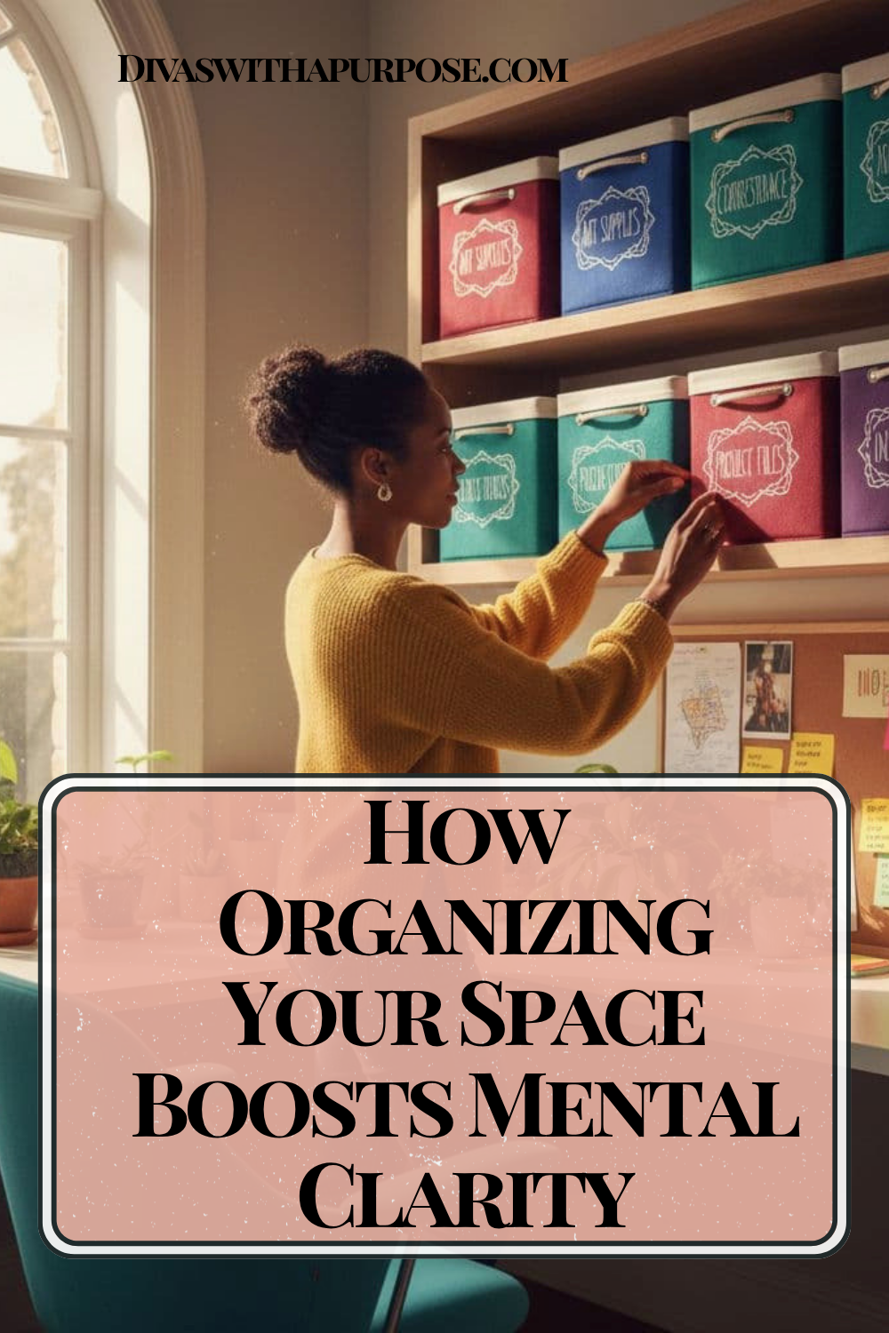African American woman organizing colorful labeled storage bins in a bright home office with natural sunlight, promoting mental clarity through organization and decluttering.