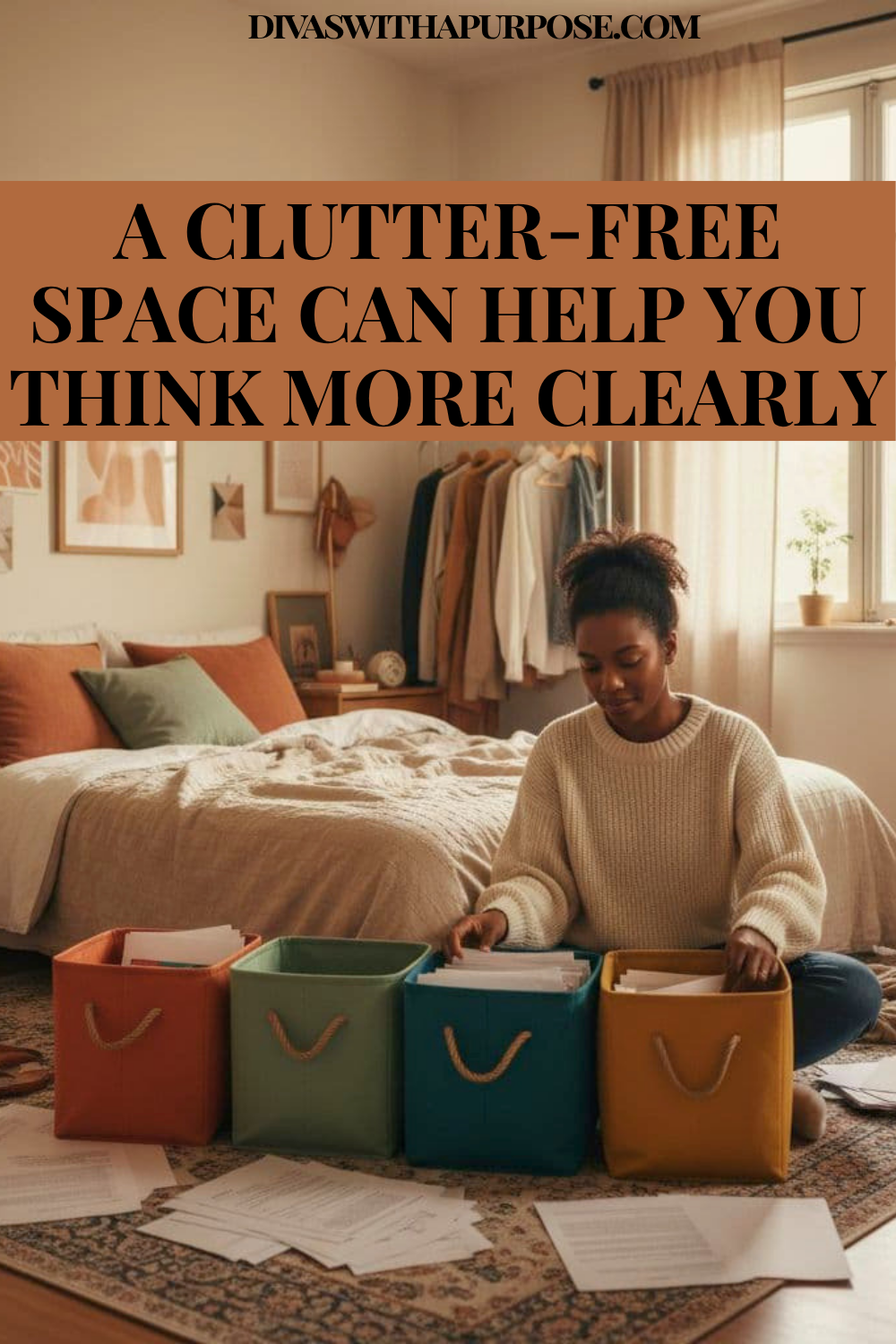 African American woman sorting papers into colorful storage containers in a cozy bedroom, showing how a clutter-free space can support focus and clearer thinking.