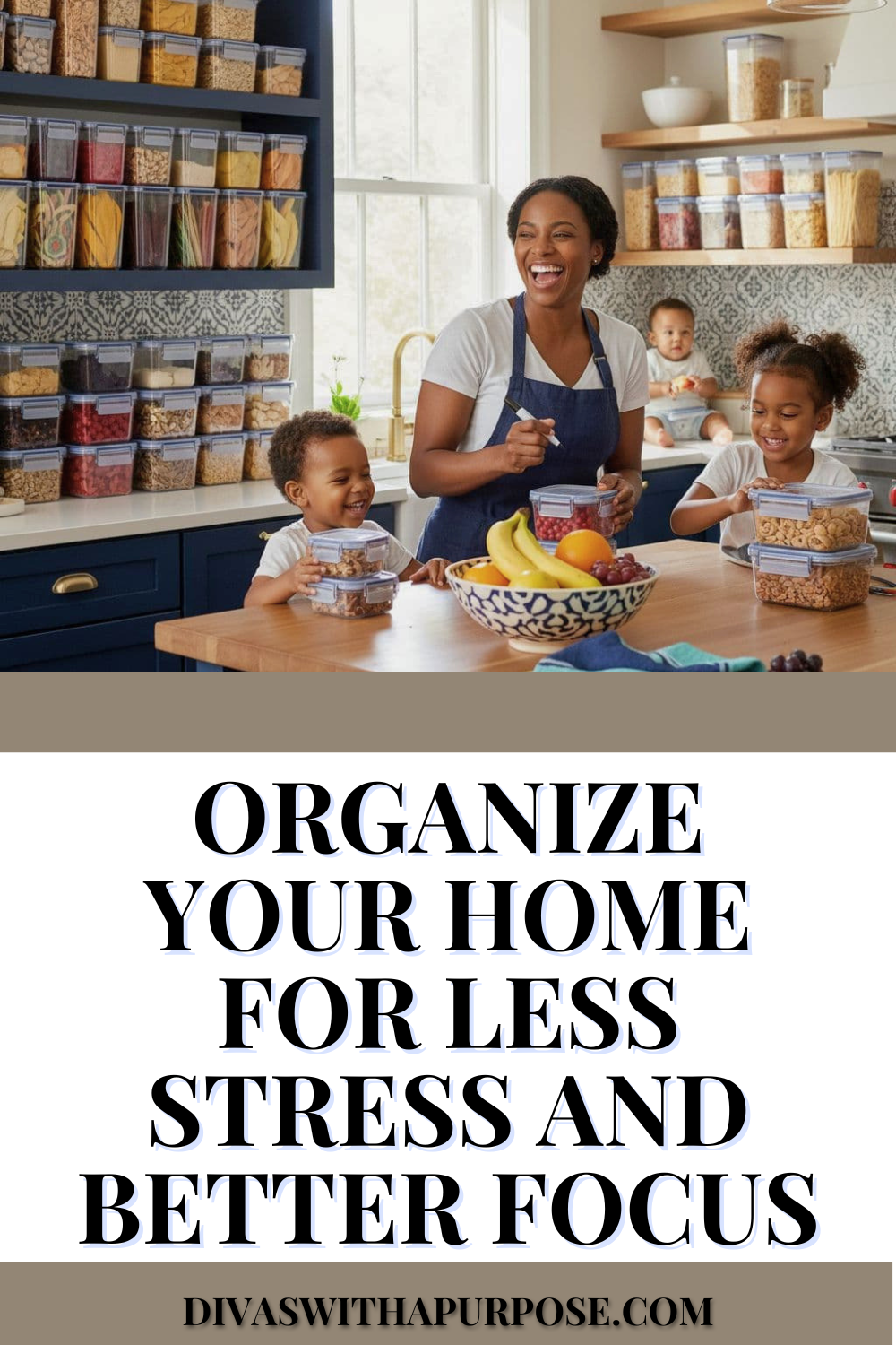 Smiling African American mother organizing pantry containers with her children in a bright modern kitchen, highlighting stress-free home organization and family routines.