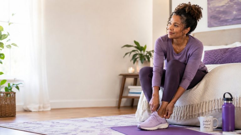 Black woman putting on supportive sneakers at home to help manage plantar fasciitis pain
