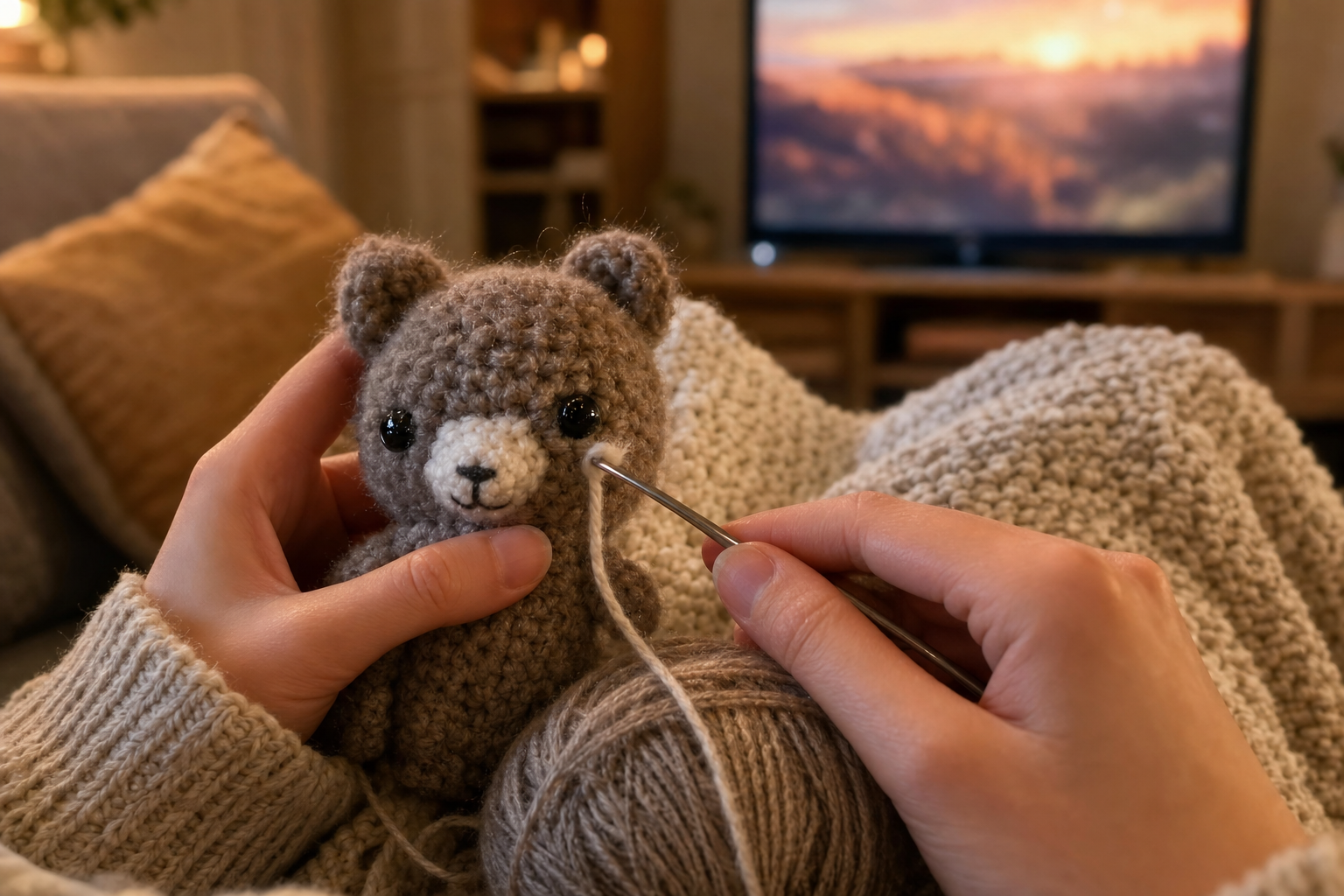 Hands crocheting a small teddy bear while relaxing under a cozy blanket.