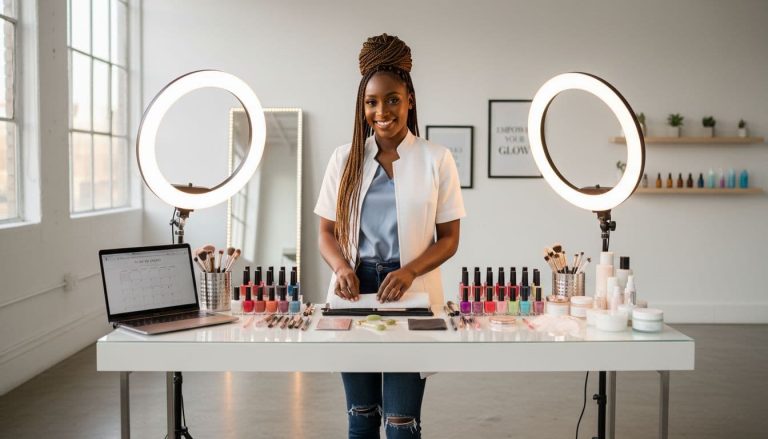 Black beauty professional standing at a salon workstation with makeup, nail products, and ring lights.