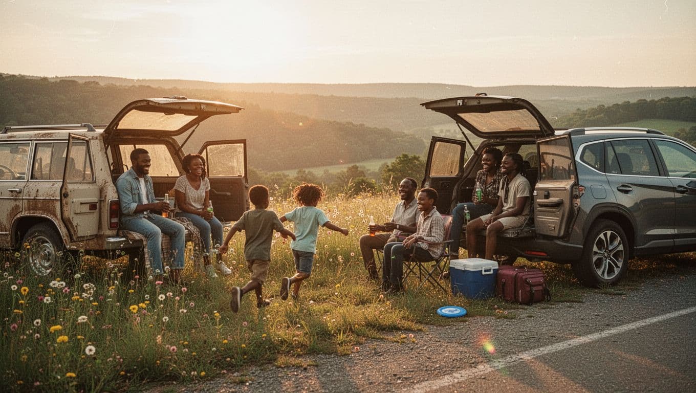 Multiple families relaxing together during a scenic roadside stop on a family road trip