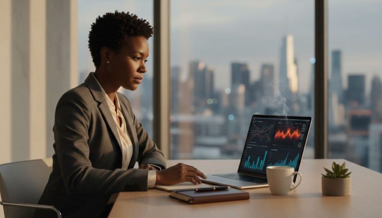 Black woman entrepreneur reviewing business risk data on a laptop in a modern office.