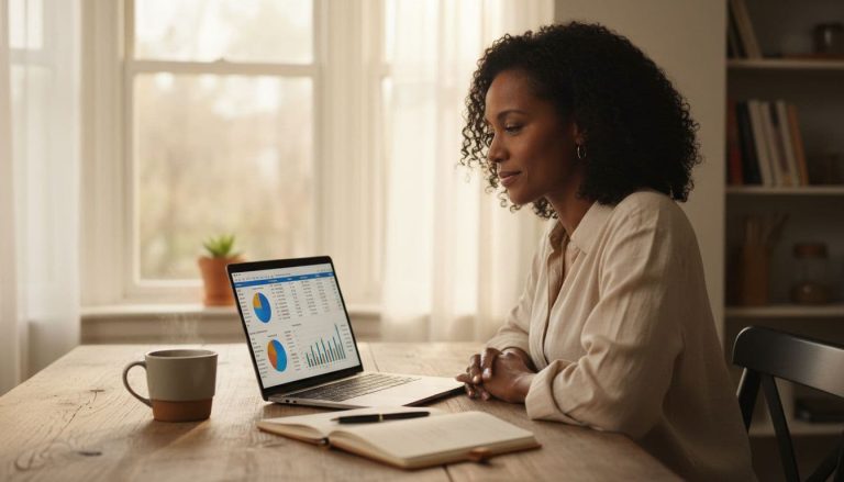 woman reviewing finances on laptop at home with notebook and coffee