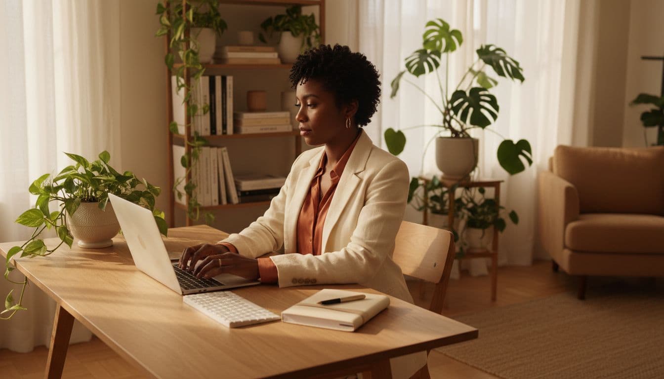 woman entrepreneur working from a cozy home office with plants and natural lighting