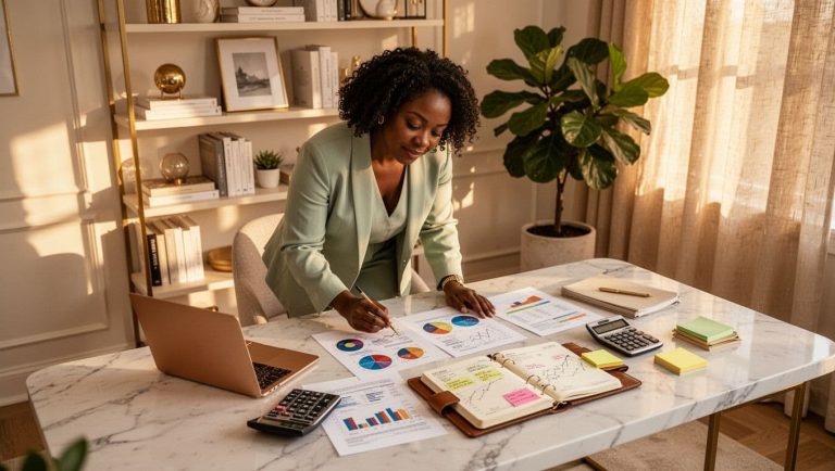 Entrepreneur reviewing business growth plans, budgeting reports, and financial documents in a home office