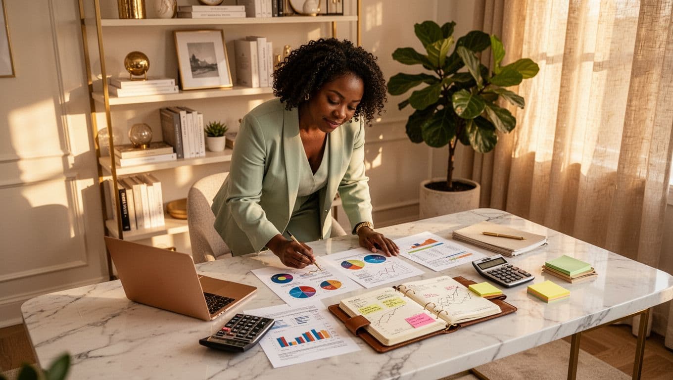 Entrepreneur reviewing business growth plans, budgeting reports, and financial documents in a home office