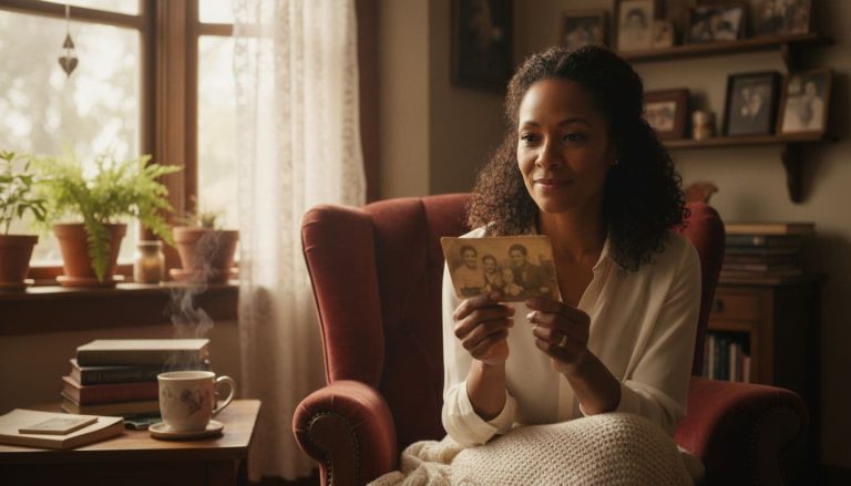 Black woman sitting by a window holding an old family photo while reflecting quietly