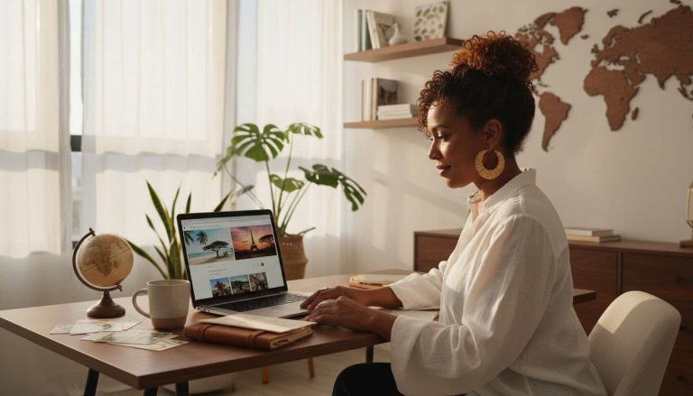 Black woman working on a laptop planning travel from a home office with plants and decor