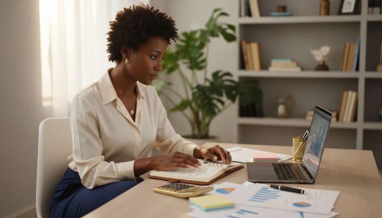Woman entrepreneur reviewing business plans, charts, and financial notes at her desk.