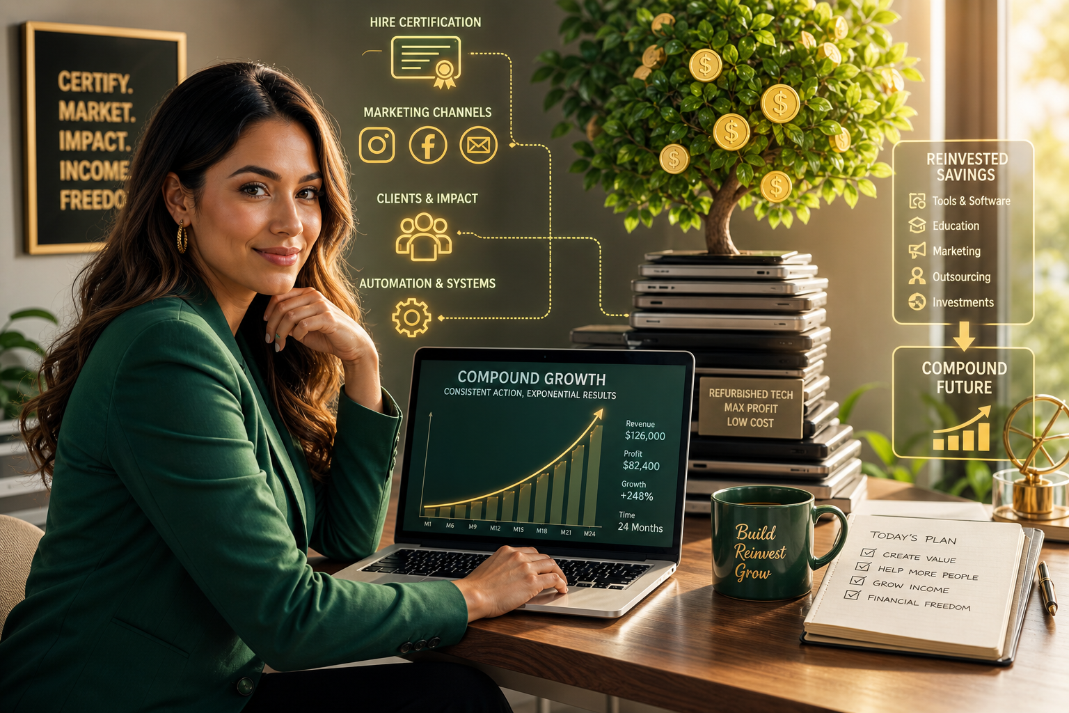 Businesswoman reviewing technology investments and growth strategies on a laptop.