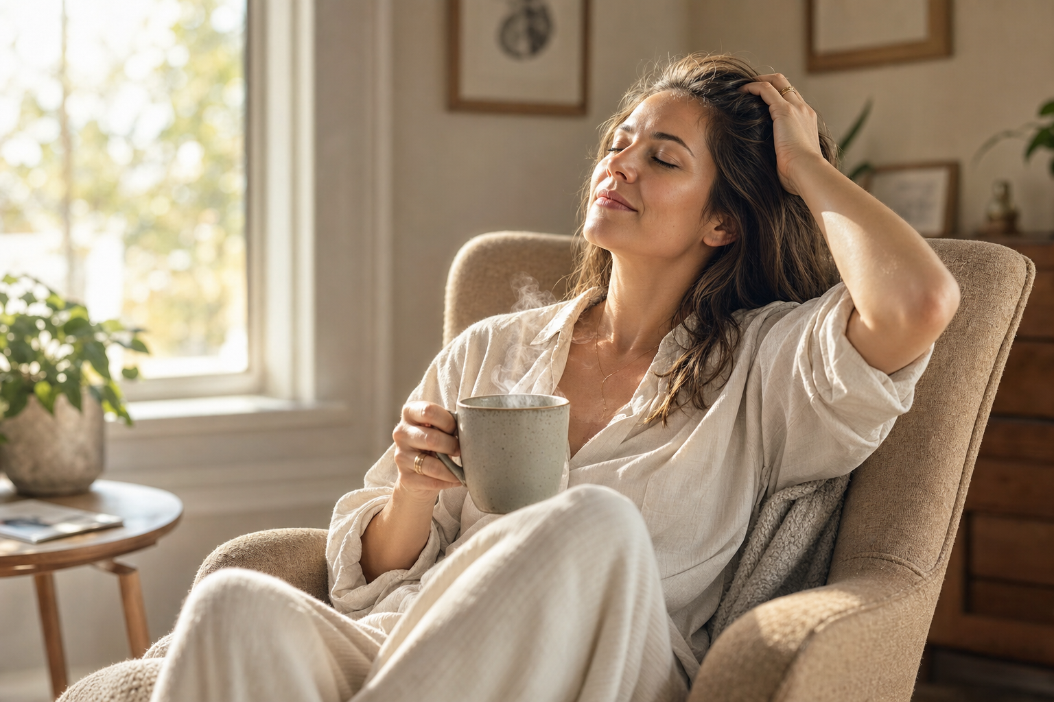 A woman enjoying coffee in sunlight by a window.